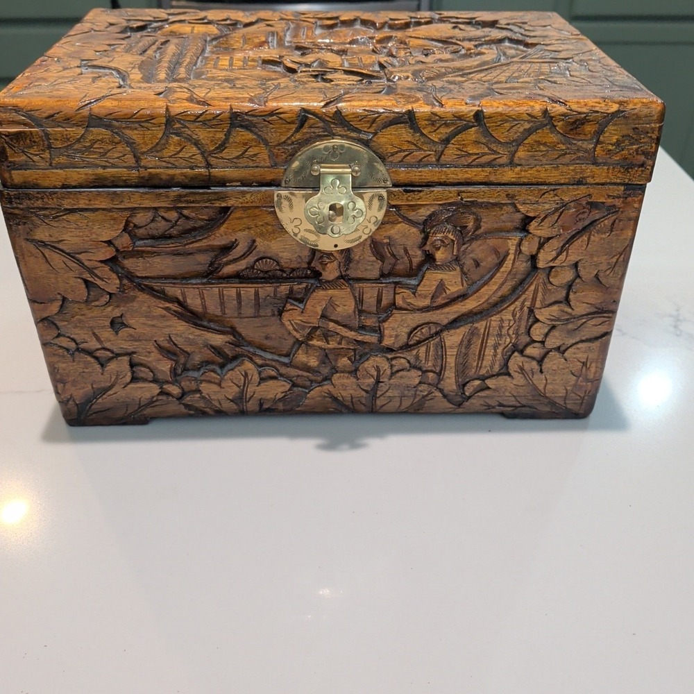 Vintage Chinese Camphor Wood Chest Hand Carved Trinket/Jewelry Box 12x8x8
